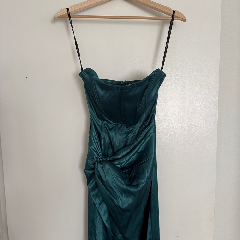 Club L London “Romancing” Teal Satin Corset Maxi Dress